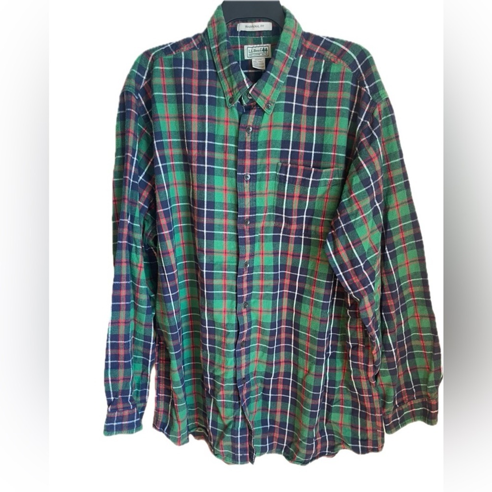 LL Bean Flannel Mens 2XL Tall Green Blue Plaid Button Up Casual Preppy